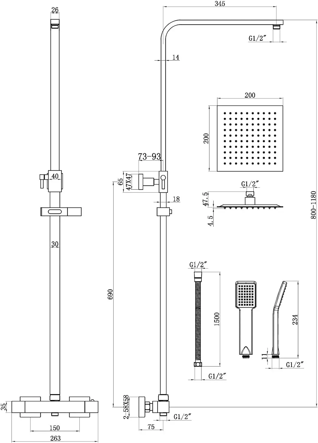 Stainless Steel Two Shower Head Square Thermostatic Shower Mixer Valve, Matt Black Rainfall Thermostatic Shower Set