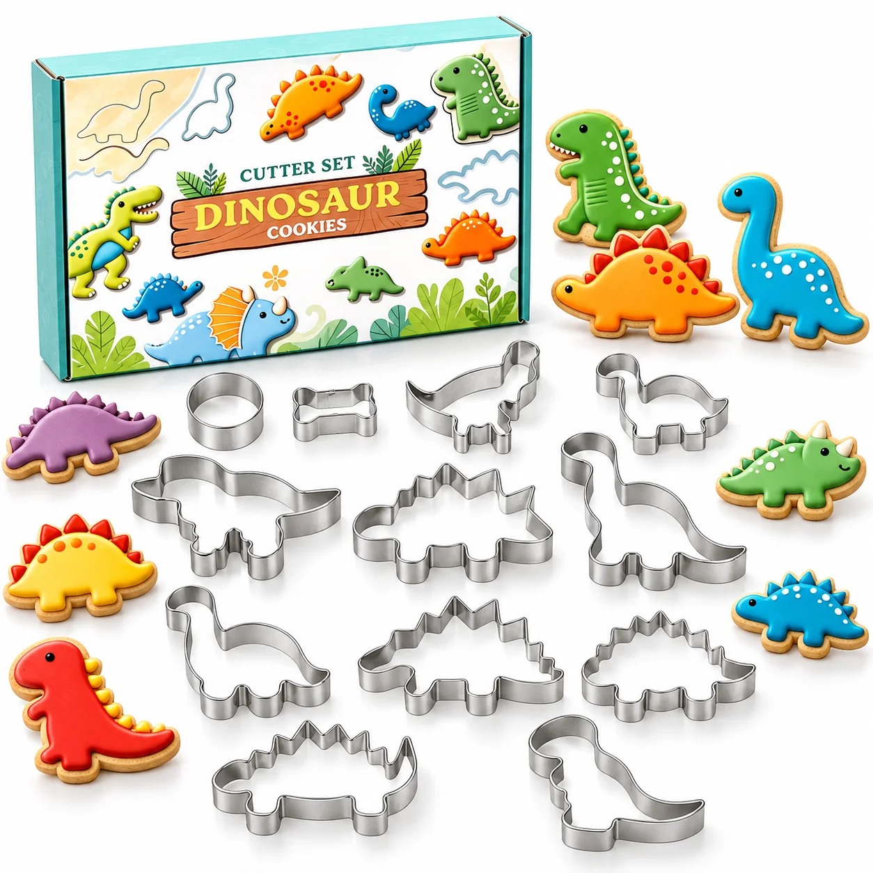 12PCS Dinosaur Cookie Cutters Food-Grade Stainless Steel Nonstick Easy Clean Molds for Biscuit Fondant Kids Birthday Home Baking