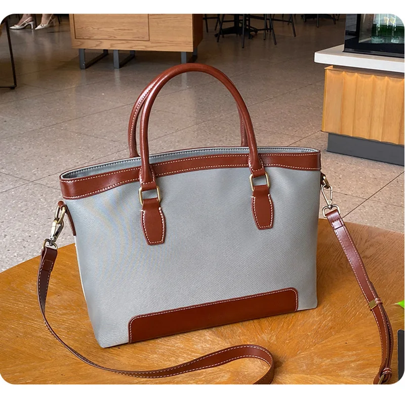 

Large Capacity Vintage Contrast Color Tote Bag Lightweight Commuter Oxford Cloth Leather Strap Crossbody Bag Soft Zipper Closure