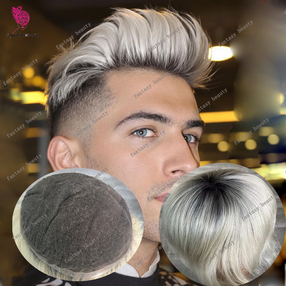 

Ombre Platinum Blonde Full Swiss Lace New Men Toupee1bt60r# 1bt613# Capillary Prosthesis Male Human Hair Replacement Hair Units