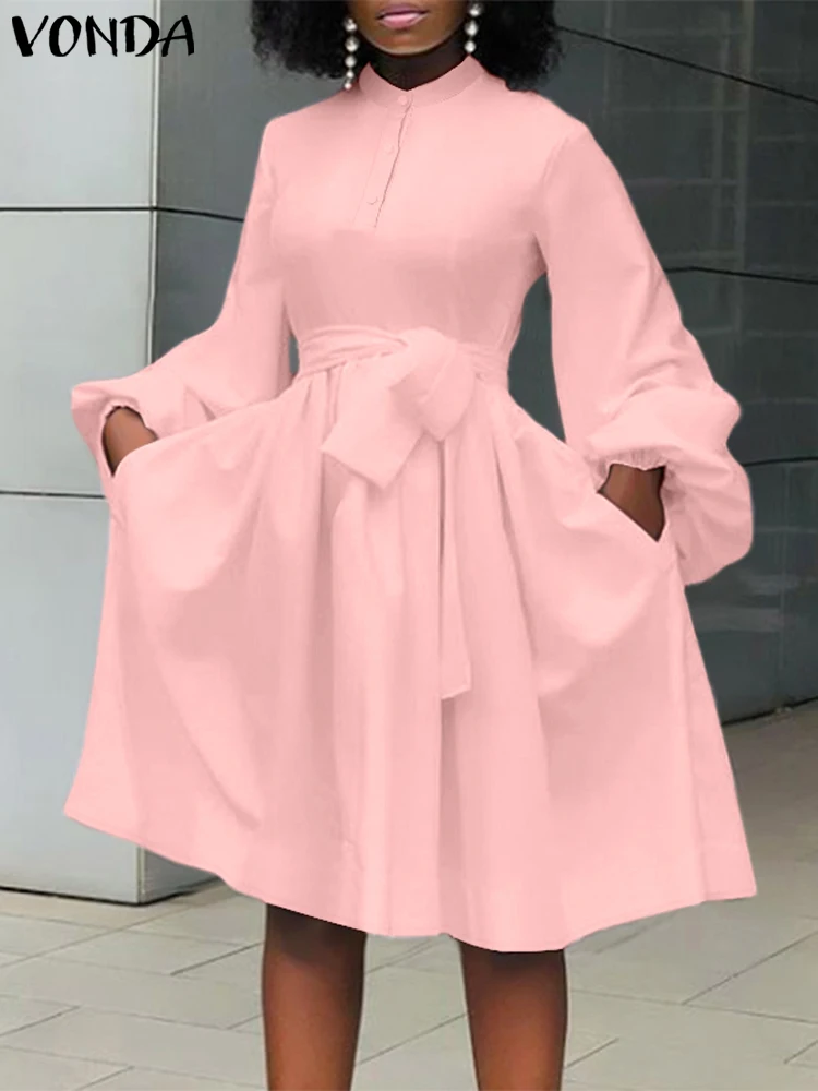 Plus Size 5XL VONDA Women Knee-Length Dress 2024 ELegant Long Sleeve Sundress Casual High Stand Collar Vestidos Solid Color Robe