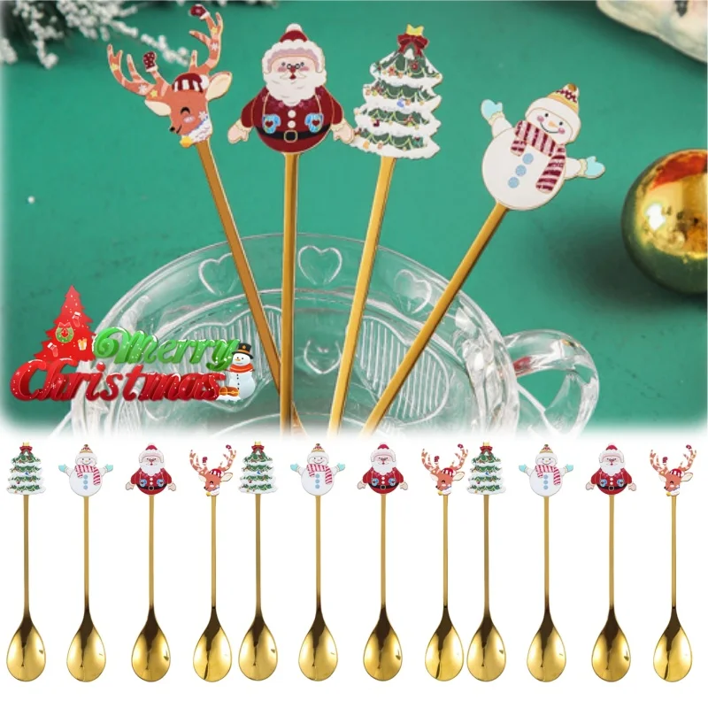 Cuchara de regalo de Navidad creativa, utensilio para agitar café y postre con diseño de dibujos animados de acero inoxidable, suministros de vajilla navideña