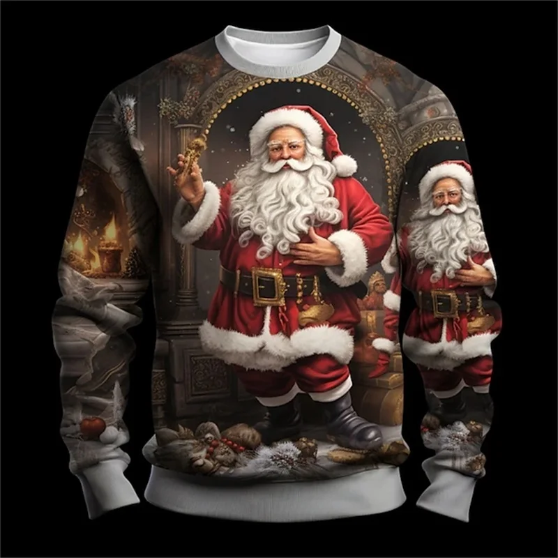 

Santa Clause Pattern O-Neck Hoodies For Men 3D Print Christmas Elements Long Sleeved Pullover Autumn Winter Daily Casual Clothes