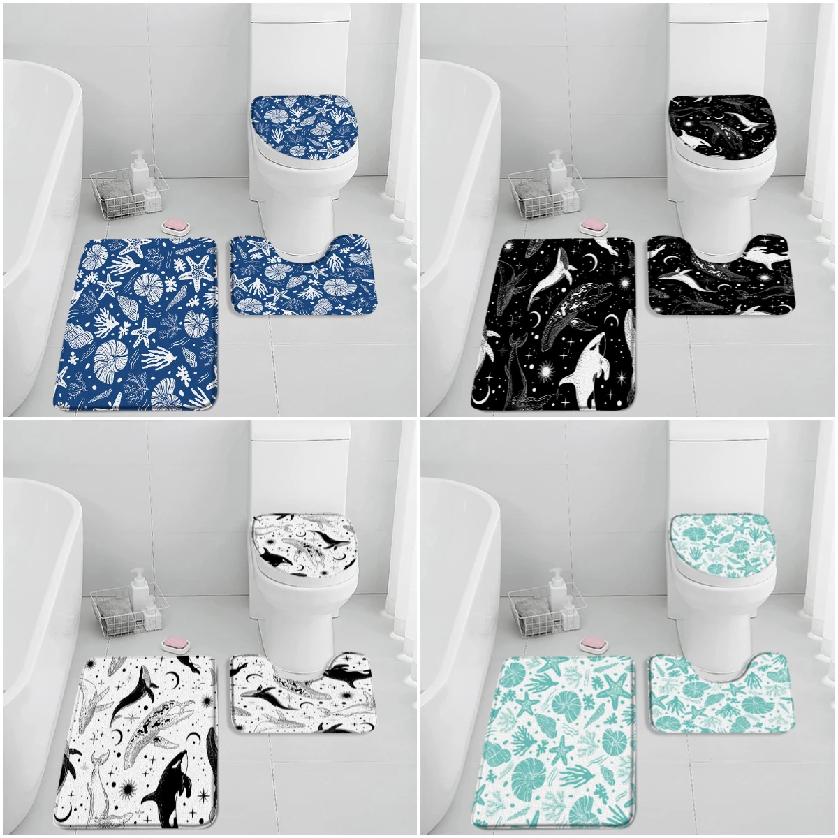 Sea Bath Mat Set Shell Starfish Coral Whale Colorful Bathroom Decorations Vintage Bath Rug Flannel Home Carpet Toilet Lid Cover