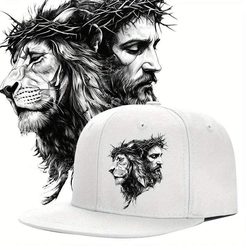 2D Flat, Jesus Wears a Crown of Thorns on His Head, with a Lion in the Background, and an Adjustable City Style Baseball Cap - M