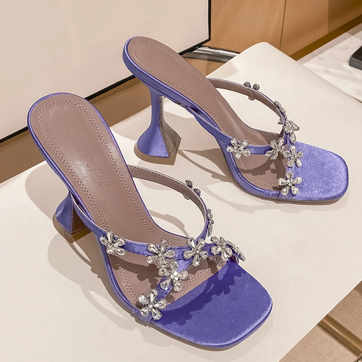 Summer Silver High-heeled Shoes With Black Sandals And Slippers Plum Blossom Rhinestones With Black Sandals For Women To Wear