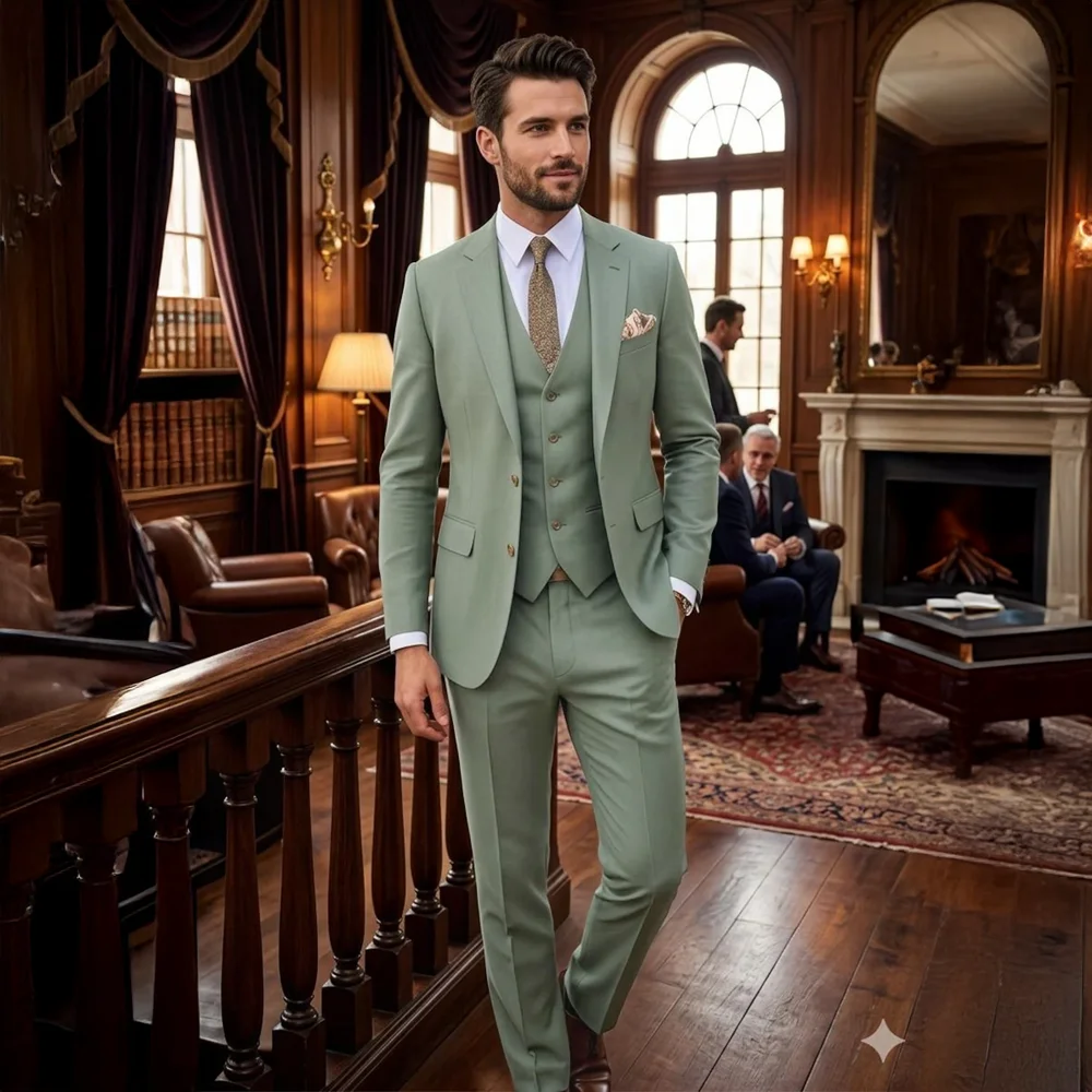 

Sage Green Slim Fit Men's Three-Piece Suit Modern Formal Wedding Grooms Attire Jacket Vest Pants Custom-made Tuxedo
