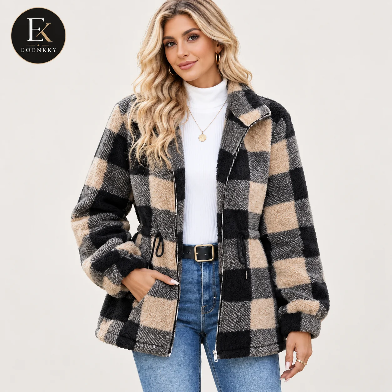 EOENKKY Women Plaid Sherpa Jac - Sherpa Coat Women review and price