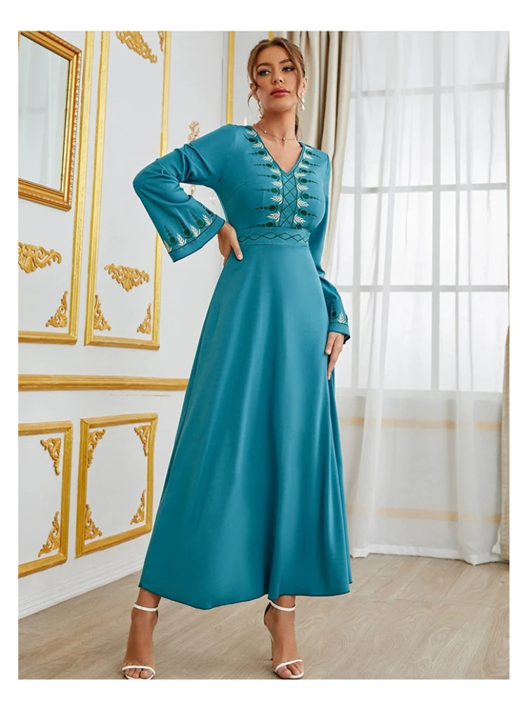 Eid mujeres musulmanas vestido de fiesta con cuello en V Ramadán Abaya Vestidos bordados Ramadán Abayas caftán caftán elegante Vestidos 2024