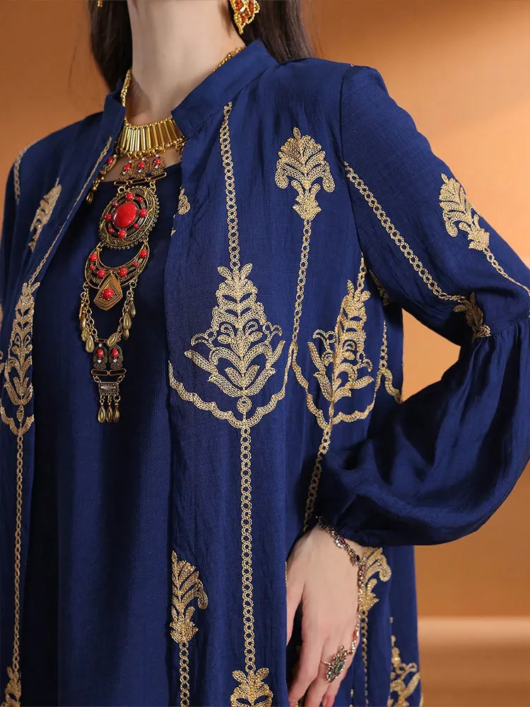 

2pcs Eid Muslim Sets for Women Embroidery Kimono Cardigan Inner Dress Dubai Abaya Turkey Kaftan Femme Musulmane Robe Jalabiya