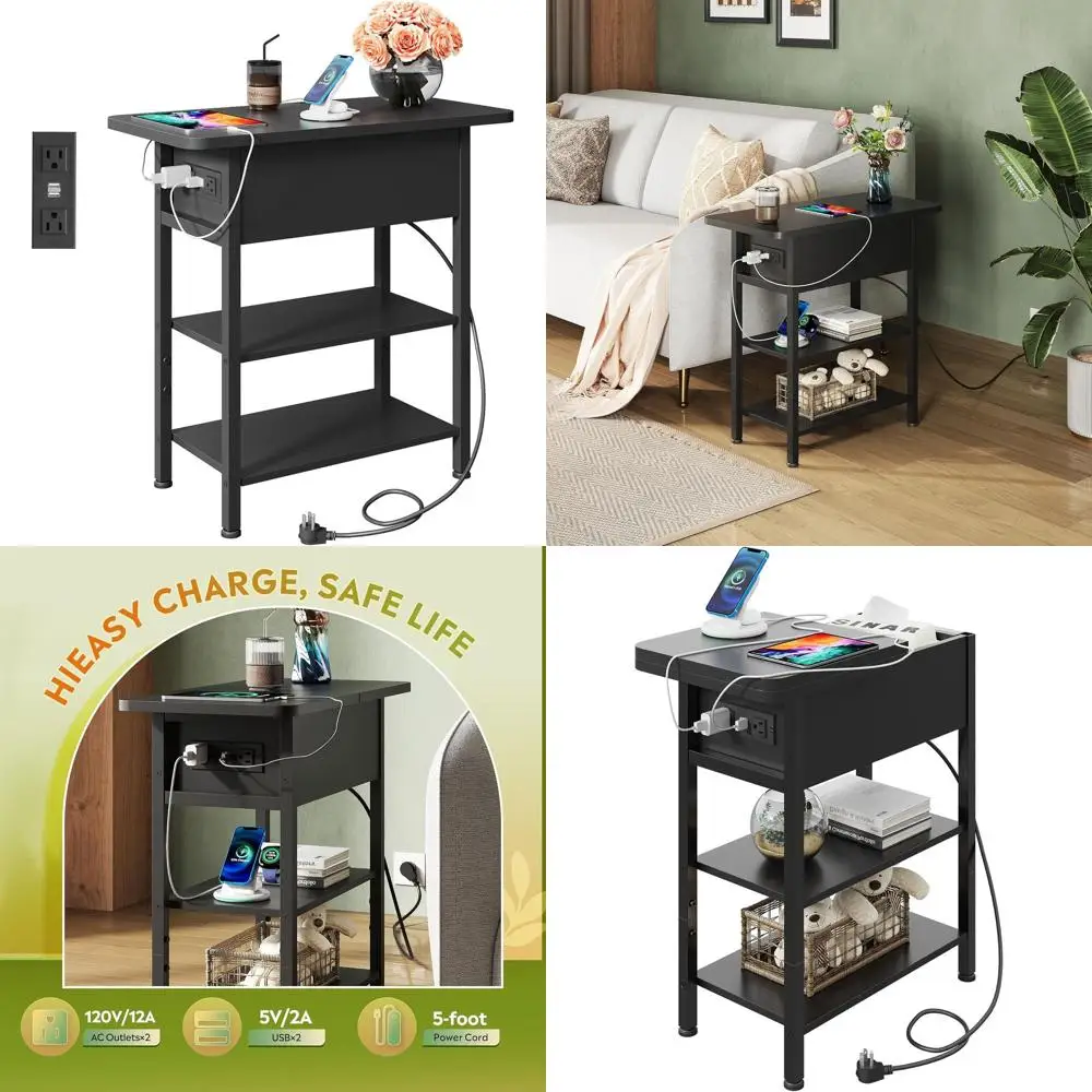 

Компактная зарядная тумбочка с откидной крышкой и местом для хранения вещей, идеально подходит для гостиной или спальни, 11,8 x 23,6 x 24,3