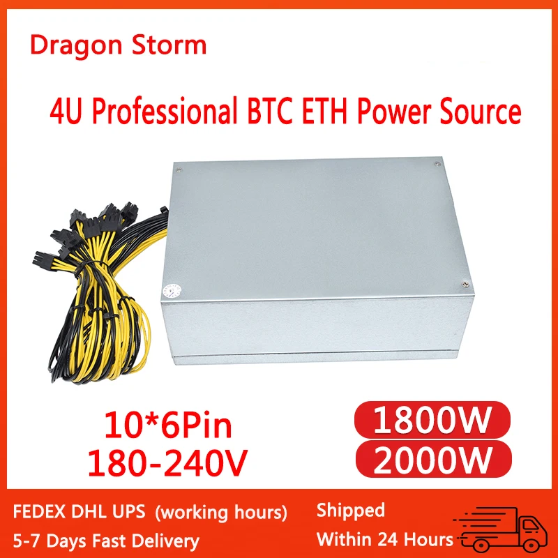 

2000W 1800W 4U BTC ETC RVN Mining Power Supply 12V 180-240V 6Pin*10 Efficiency Device For Bitcoin Various mining machines