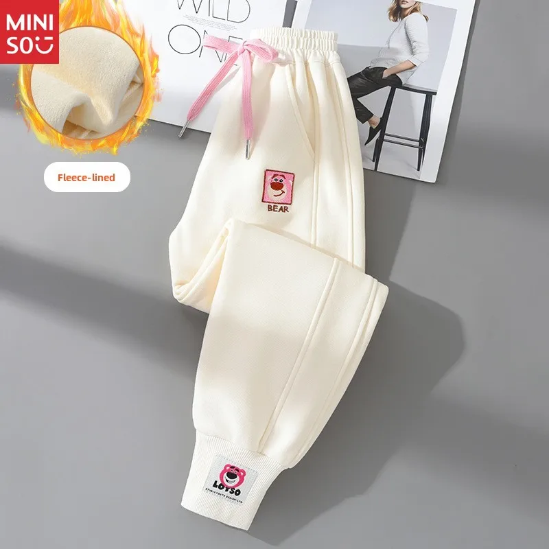 ركض مطبوع عليه دب للفتيات من مينيسو |   سروال مبطن بالصوف لطيف للأطفال والمراهقين، ملابس كاجوال