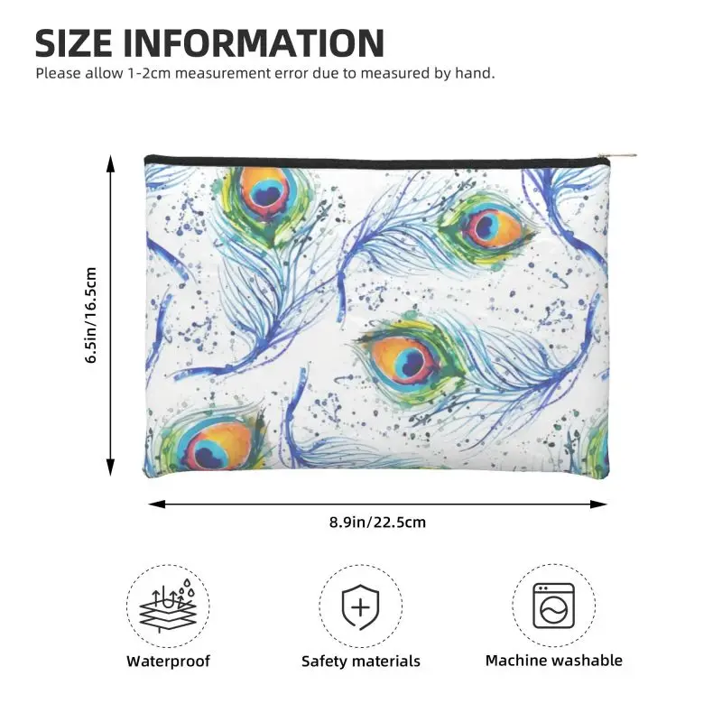 ピーコックフェザー-ジッパー付きメイクアップバッグ,女性用トイレタリーバッグ,道具,鉛筆,ペン用のプリント収納,学生旅行