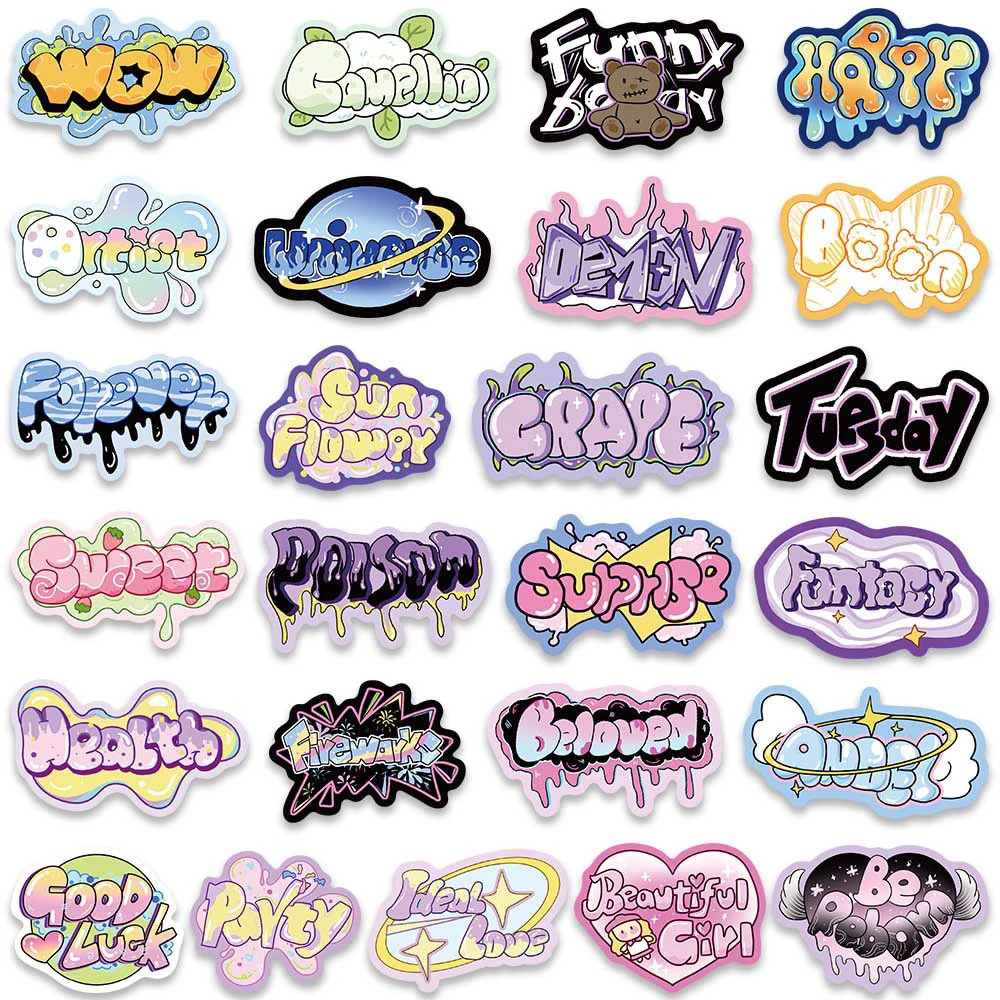 3D Graffiti Letter Stickers, Palavras bonitos dos desenhos animados, estética decorativa, Scrapbooking Papelaria, Etiqueta do telefone, Y2K, 10 pcs, 30 pcs, 50pcs