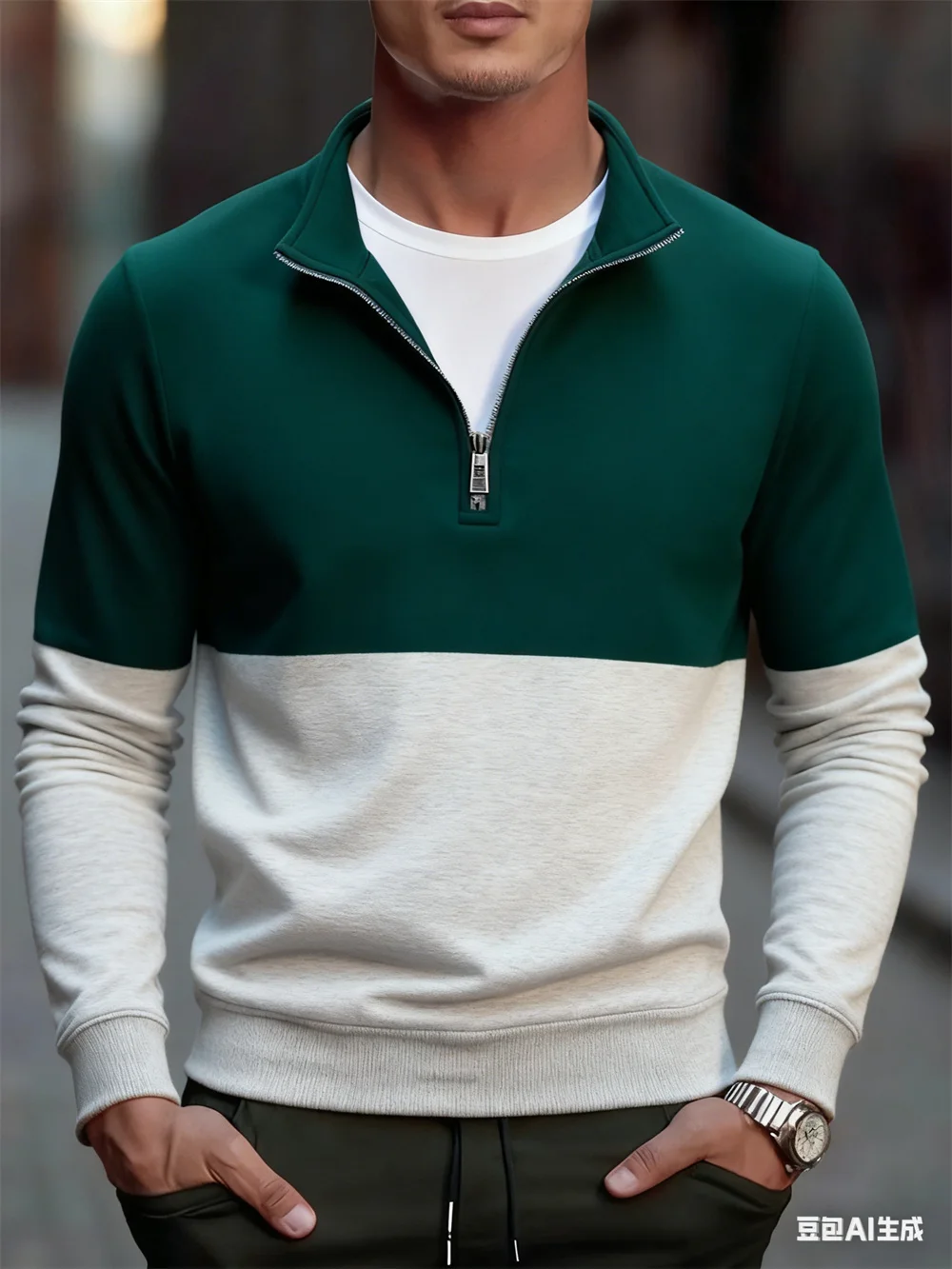 موضة كتلة الألوان الجرافيك سستة بلوزات الرجال فضفاضة عادية نصف البريدي طوق البلوفرات الخريف الشتاء ملابس الشارع في الهواء الطلق