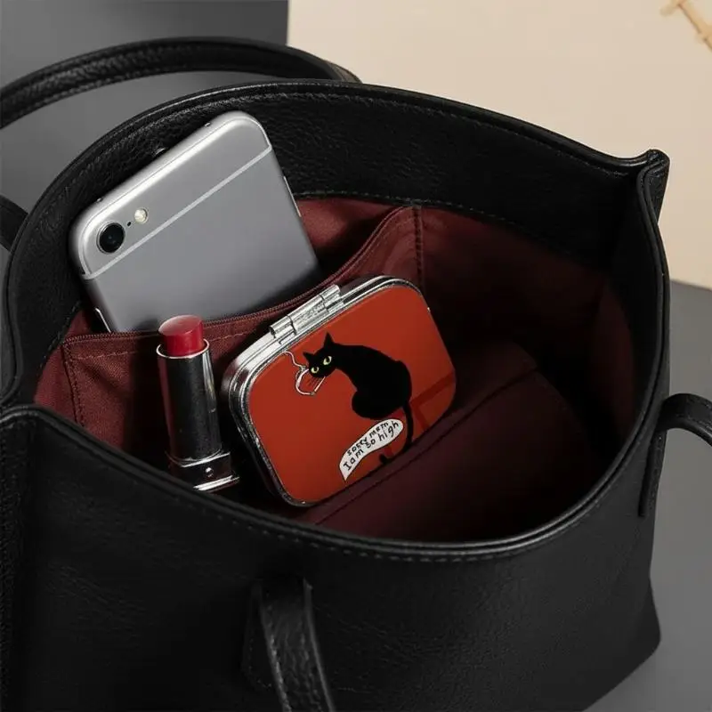 Funny Black Cat Mini 2 Grid Metal Pill Box Portable Lightweight Medicine Organizer for Travelers