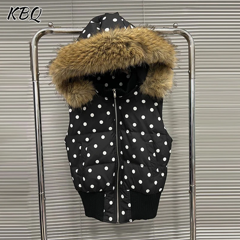 

KBQ хитовое цветное пальто в горошек с перьями для женщин, воротник с капюшоном, без рукавов, в стиле пэчворк, на молнии, повседневные свободные куртки, женская мода