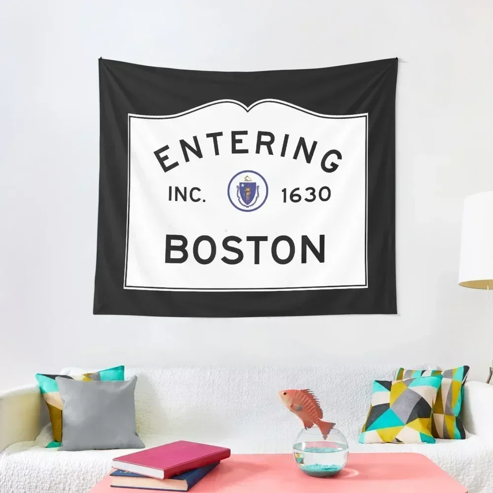 

Entering Boston - Commonwealth of Massachusetts Road Sign Tapestry Art Mural Aesthetic Home Decor Tapestry