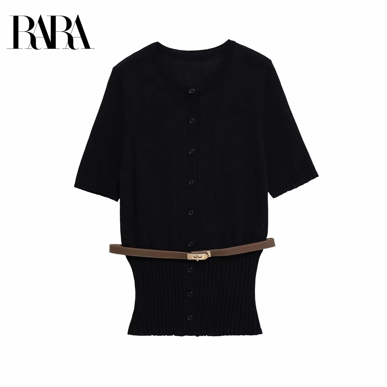 

RARA2025 autumn new women's clothing high-end temperament round neck short-sleeved belt knitted cardigan jacket
