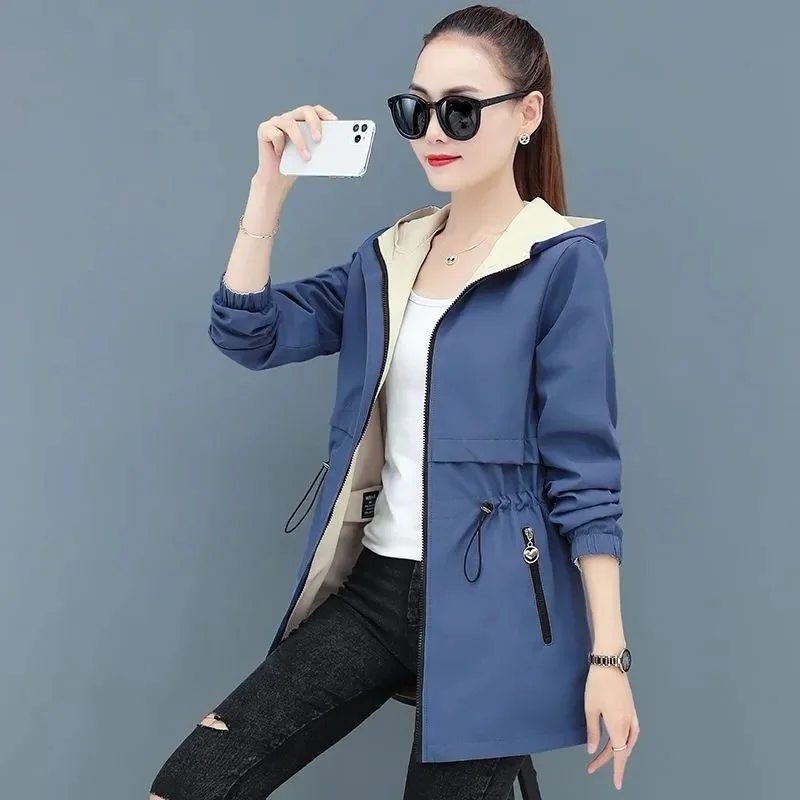 Spring Autumn Women\'s Jacket Loose Coat Double-sided Wear Trench Coat Mid-length Windbreaker 2023 New Female Loose Outwear 5XL