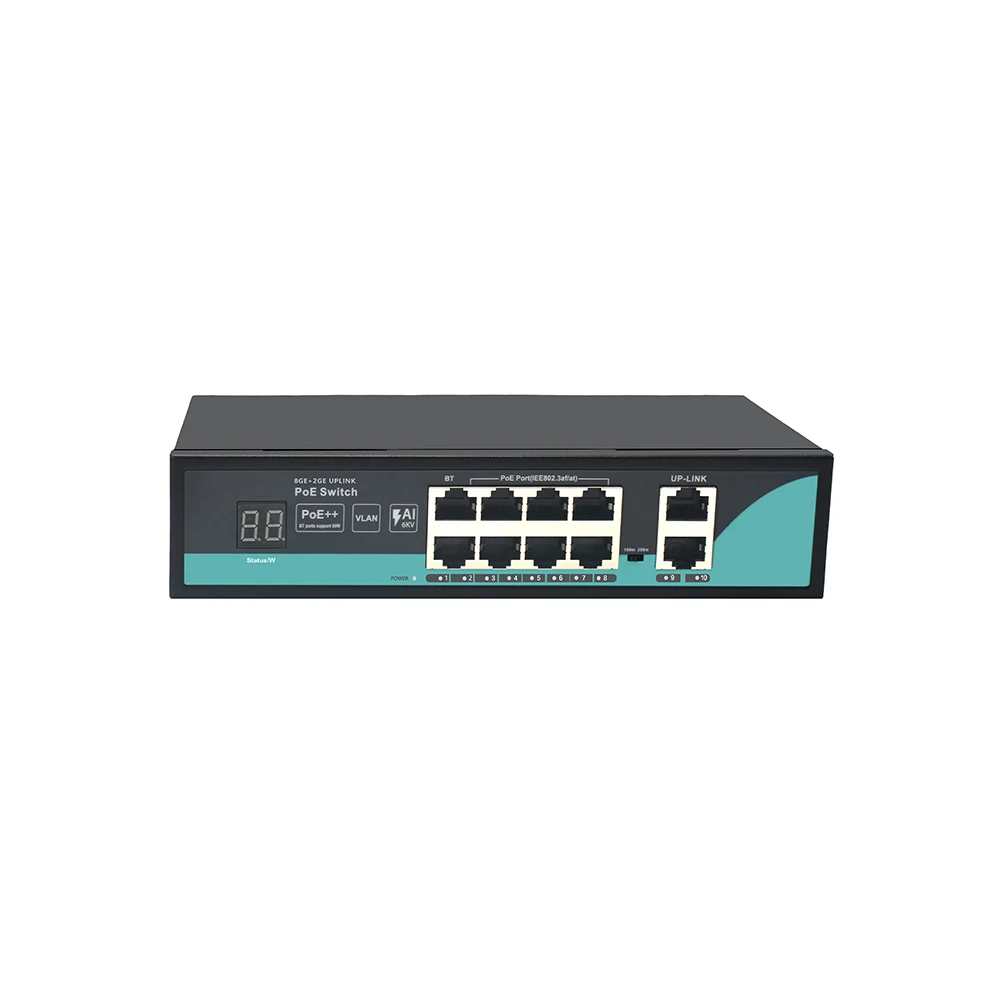 PoE Switch Full Gigabit 8+2 AI POE Switch with Digital Tube Display for IP Camera