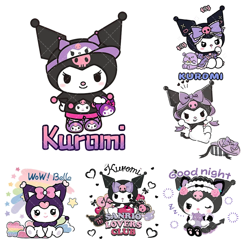 

15cm Sanrio Hot Kuromi Heat Transfer Stickers Iron On Clothes DTF Pinted Vinyl Thermal Appliques Washable T-Shirt Decal