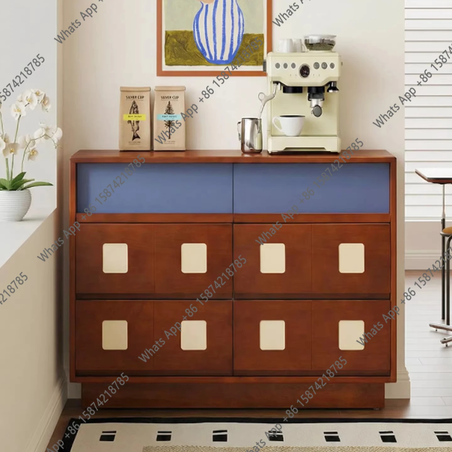 Medieval solid wood bucket cabinet Bauhaus color matching retro dining side living room bedroom wall locker storage cabinet