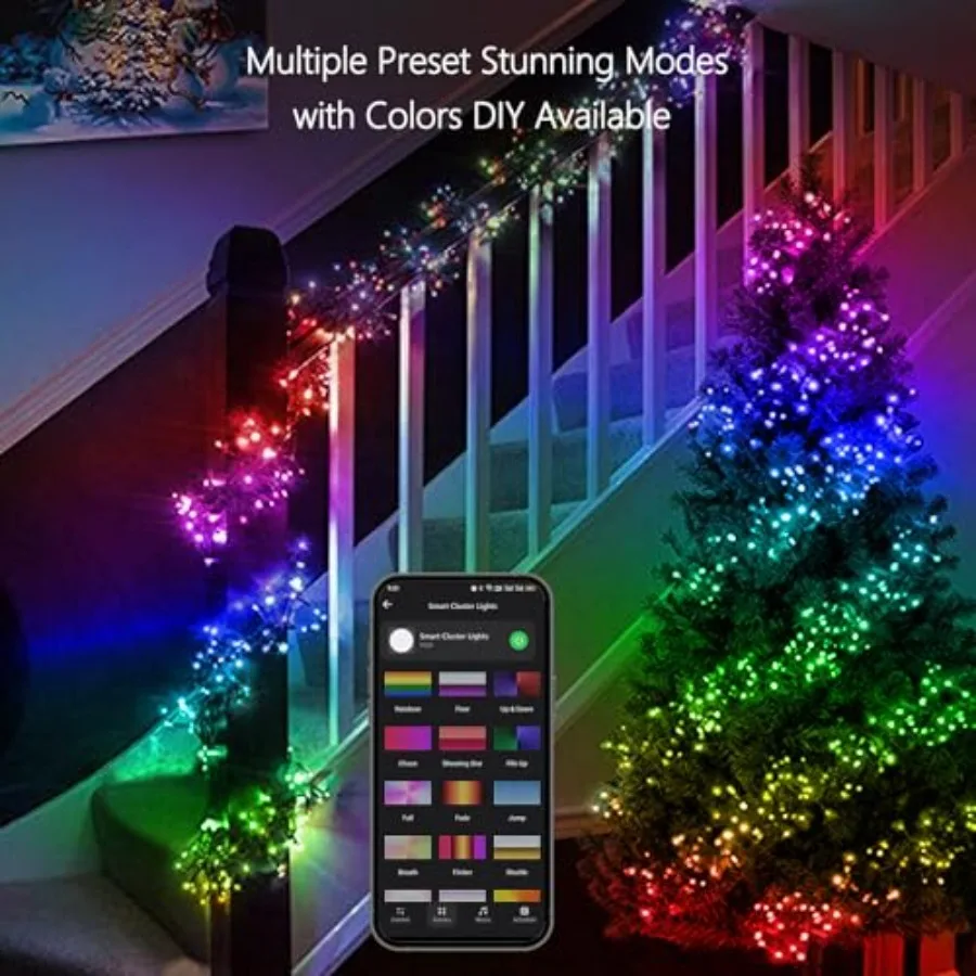Smart Cluster Christmas Lights 19.68FT 200 LED WiFi Cluster Fairy Lights App Controlled RGB Color Changing Christmas Lights Wor
