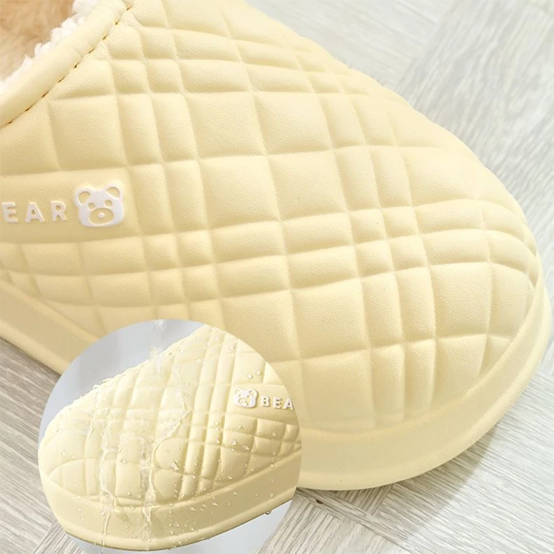 Comfortable Indoor Home Plush Warm Slippers Women Waterproof Soft Soles Non Slip Cotton Shoes Couple Fleece-lined Cartoon Shoes
