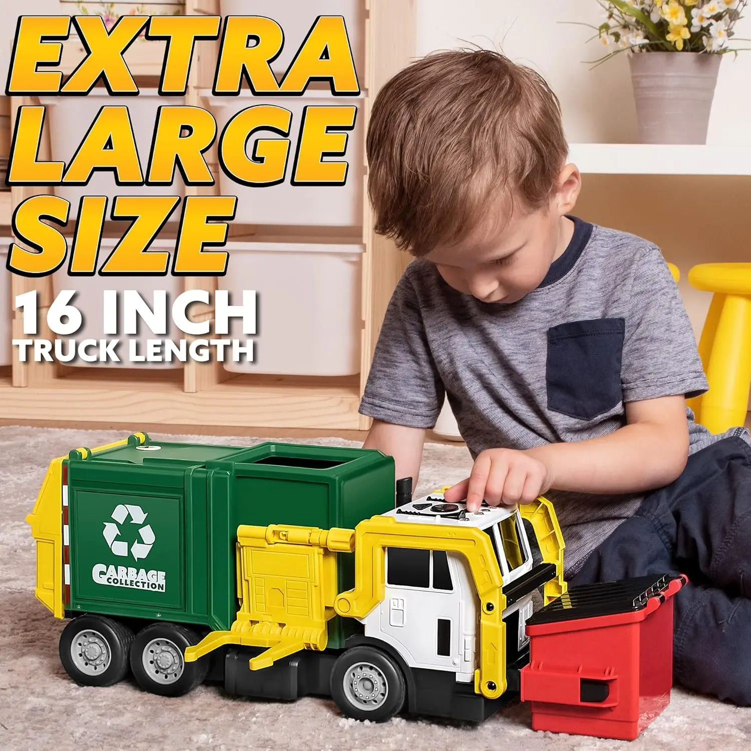 JOYFY Large Friction Powered Garbage Truck Toy Set With Includes Dumpster Trash Bins for Boys Toys Birthday Christmas Gift view 2