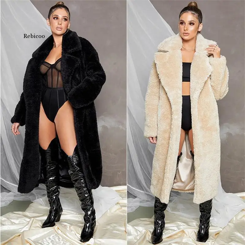 Faux Lamb Fur Coat Women 2022 Autumn Winter New Lapel Slim Chic Long Fur Jackets Simple Solid Color Female Clothing Black Yellow