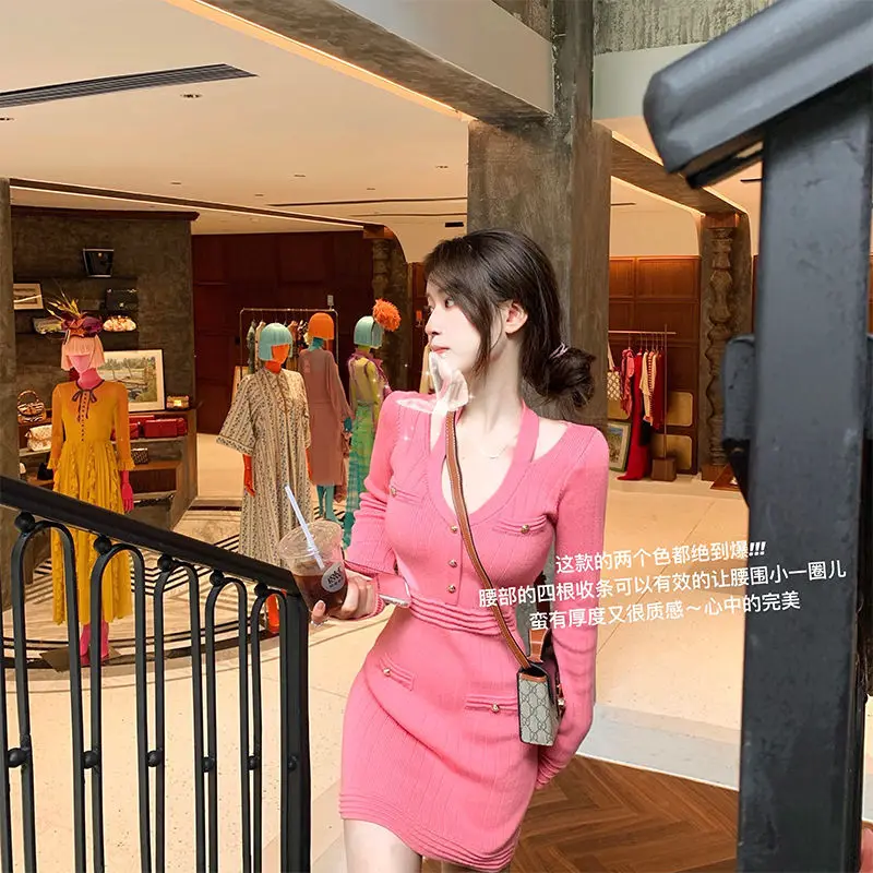 여성용 니트 원피스 브이넥 긴팔 하이웨이스트 슬림 A라인 바디콘 드레스, 섹시하고 성숙한 홀터, 한국 패션, 여름 신상