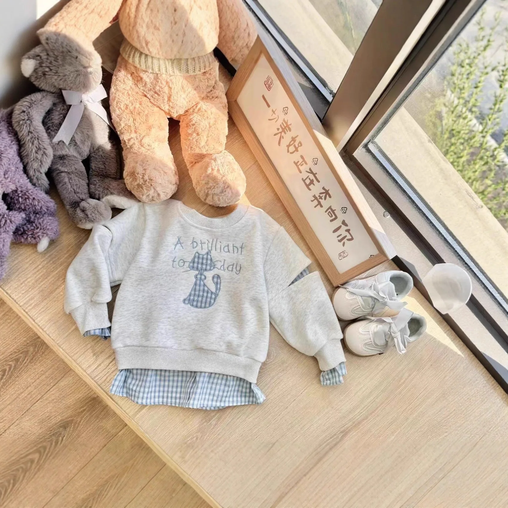 

Осенний детский свитшот для девочек, хлопковые пуловеры с буквенным принтом кота, детские пуловеры для маленьких девочек, клетчатые искусственные топы из двух предметов с длинными рукавами