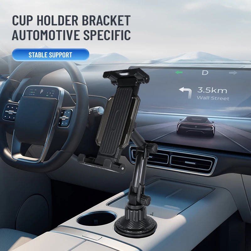 Car Cup Slot Tablet Stand Holder 360 Adjustable Handle Tilt Bar Non-Slip Triangular Base Auto Accessories for Ipad Xiaomi Tab