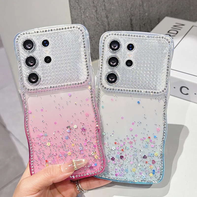 Rhinestone Gradient Color Phone Case for Samsung Galaxy S26 Ultra S25 S24 Wave Edge Back Cover