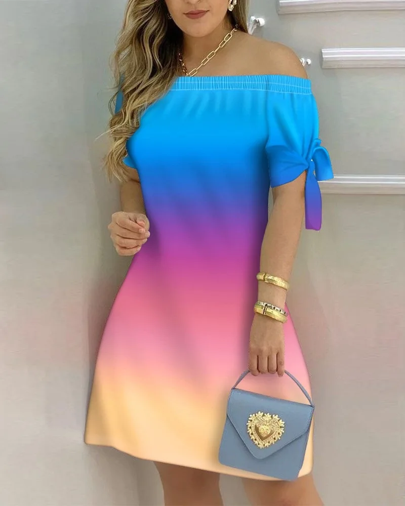 Women's Fashion Casual One Line Neck Gradient Short Sleeve Dress Elegant Women's Summer Bow Print Party Maxi Dress Vestidos 3XL