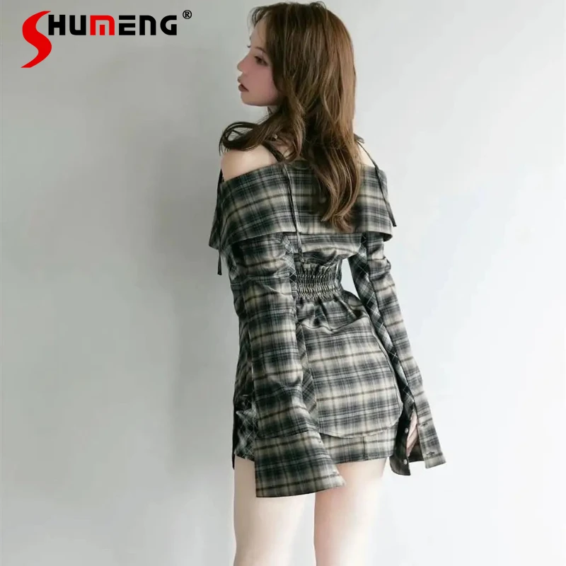 

Autumn Japanese New Lolita Pure Desire Off-Shoulder Tie Strap One-Shoulder Plaid Dress Shirt Women's Kawaii Clothes Y2k Dresses
