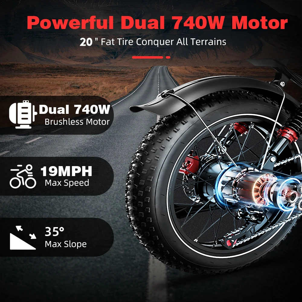2000W Dual Front‑Rear Wheel Drive E‑Bike 20 Inch Fat Tire Off‑Road Electric Bicycle 48V 25Ah Hydraulic Brake Shimano 7‑Speed Front Rear Suspension view 6