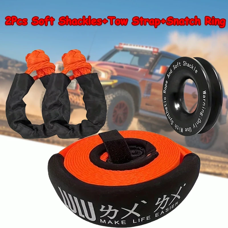 4 Pcs Off Road Tow Strap Set W/ 2 Soft Shackle and Recovery Ring, Synthetic Winch Rope Line ATV UTV 4WD Winch Accessories
