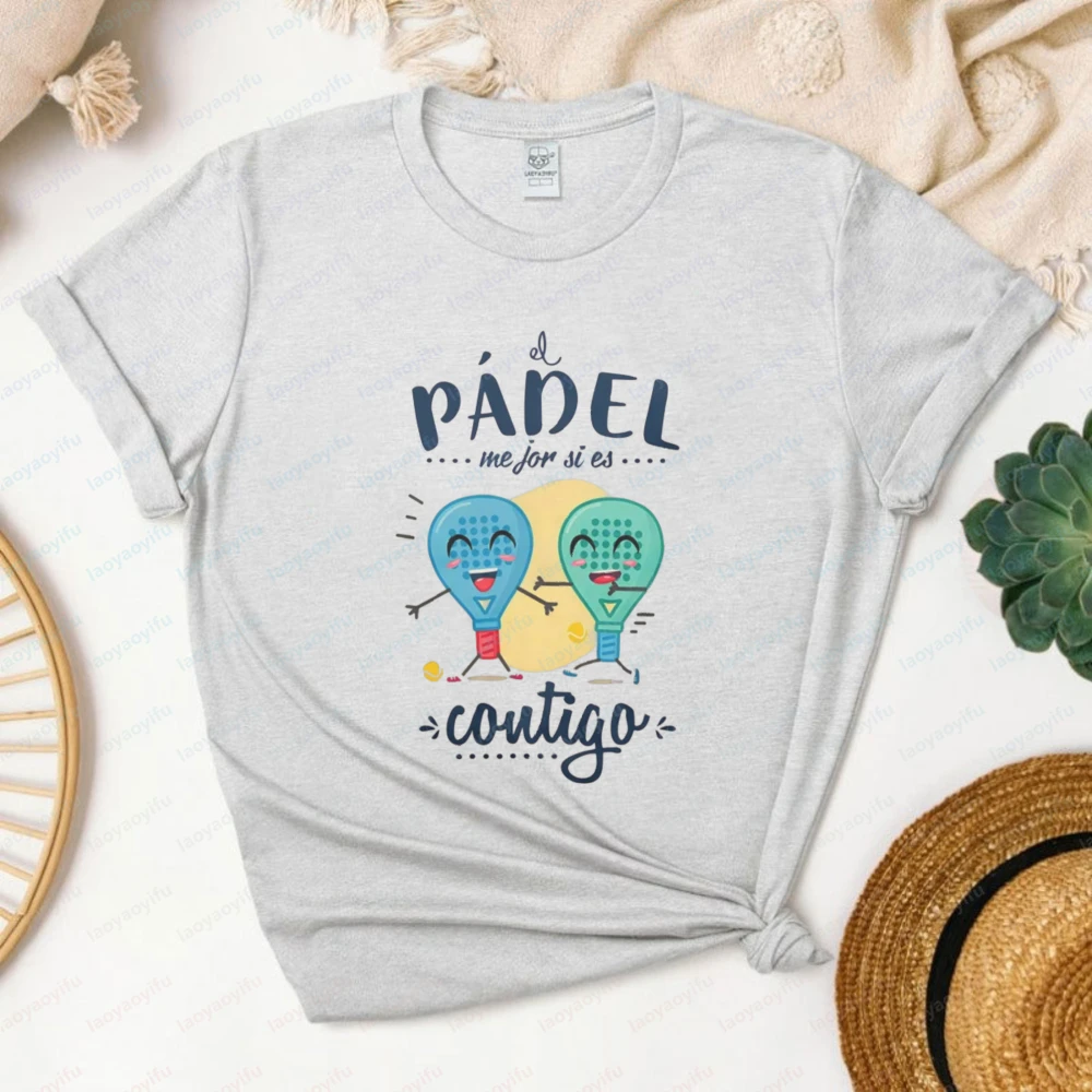 Cute Cartoon Padel Racket Design Women's T-Shirt Summer Sport Leisure Wear Fashion Casual Tops Outdoor Activities And Beach Days