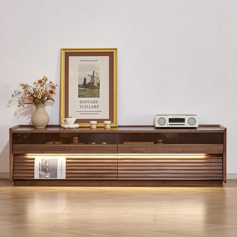 North American black walnut TV cabinet with lighting Nordic log living room floor-to-ceiling