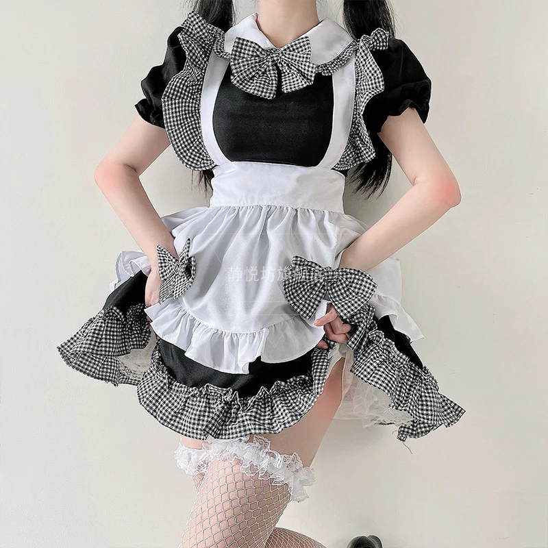 

Japanese Cute Maid Cosplay Uniform Cafe 4-Piece Bow Black and White Plaid Cat Cafe Work Women's Clothing Lolita Disfraz Anime