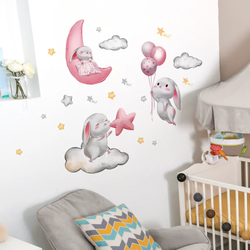 Rabbit Clouds Balloon Stars Wall Sticker Children Bedroom Background Decora Kindergarten Classroom Sticker Antifouling Removable
