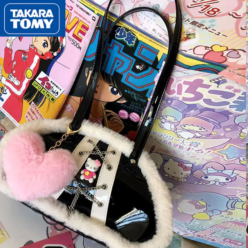 

TAKARA TOMY Female Lacquered PU Glossy Helllo Kitty Black Daily Handbag Student Cool and Cute One-shoulder Underarm Bag