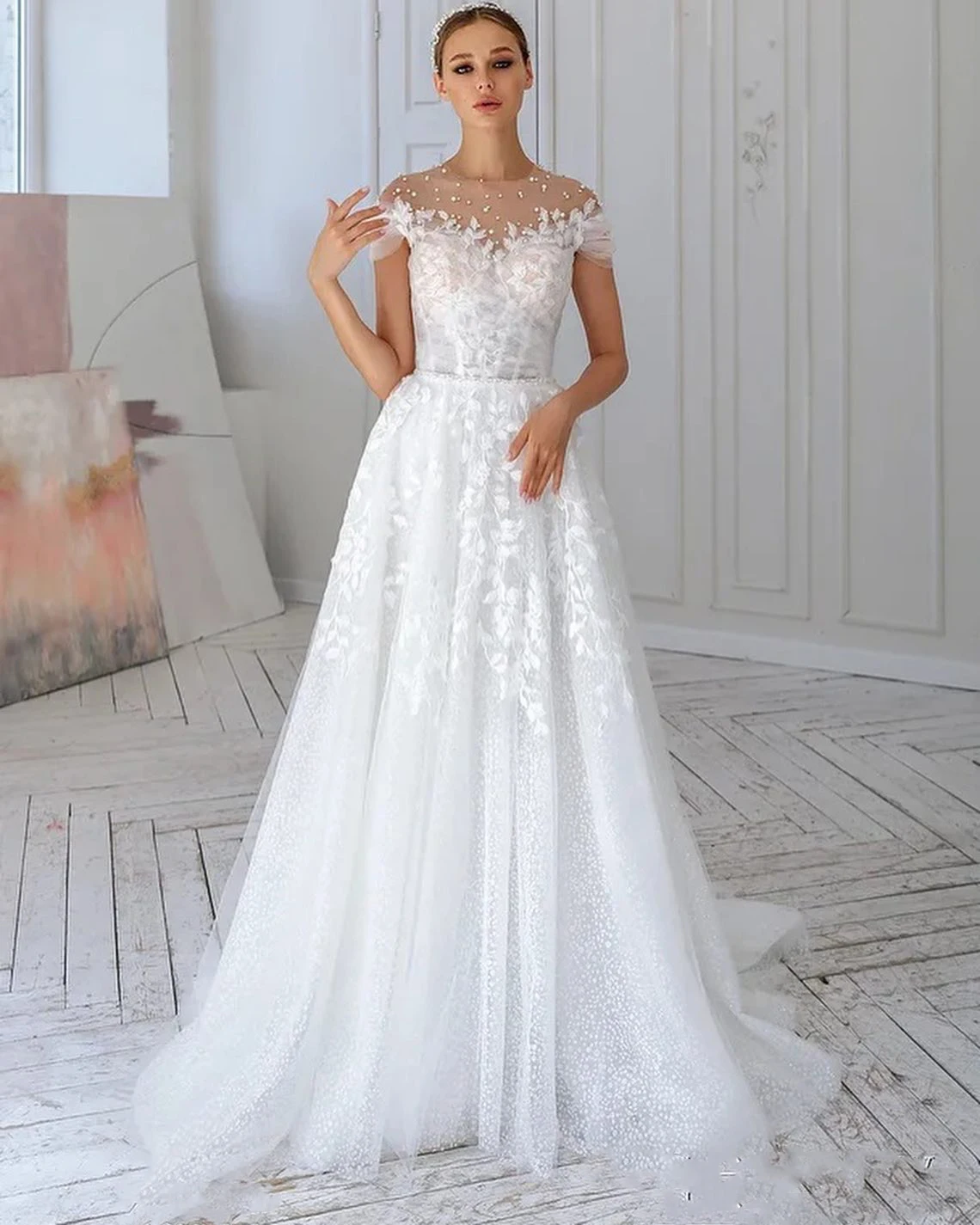 

Sheer Illusion High Neck Beaded Lace Applique A Line Wedding Dresses Sexy See Through Back Formal Party Bridal Grown 2023