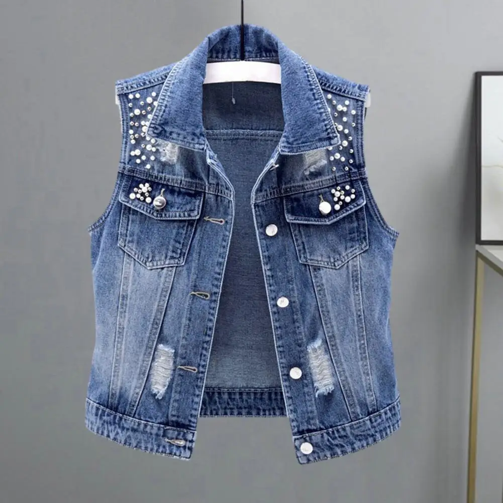 Kunst perlen Perlen Frauen Weste Einreiher Vintage Cowboy Weste Loch Hip Hop Weste Denim Weste ärmellose Jacke