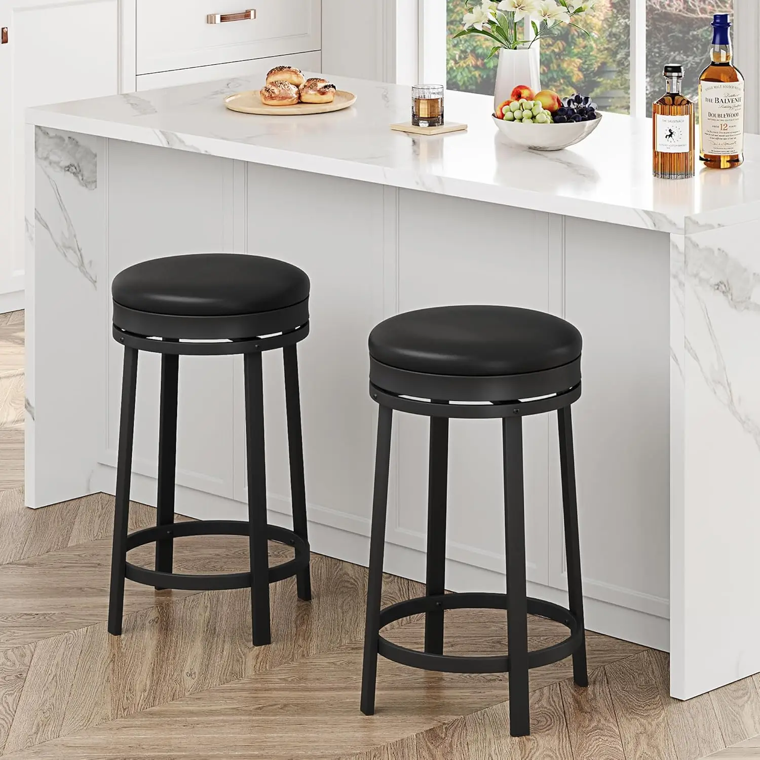 Modern Black Bar Stools Set of 2 with Footrest, PU Leather Upholstered Metal Frame Counter Height Stools for Kitchen Island