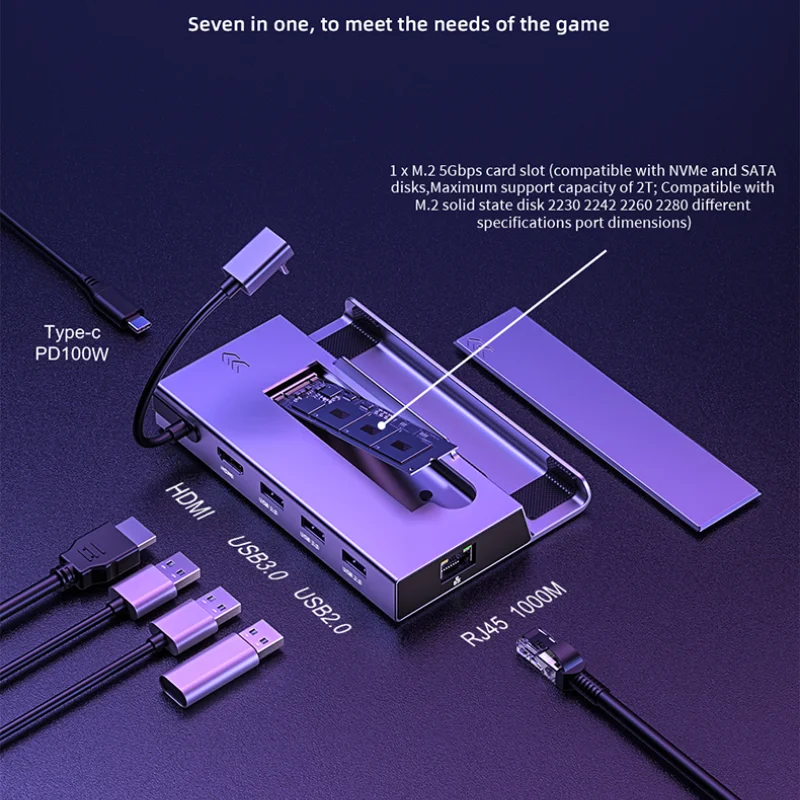 7 in 1 USB C Hub SSD Dock HD 4K 60Hz Deck Docking Station Sata Nvme M.2 Steam for Ayaneo Accessories Jsaux Nintendo Switch Docks