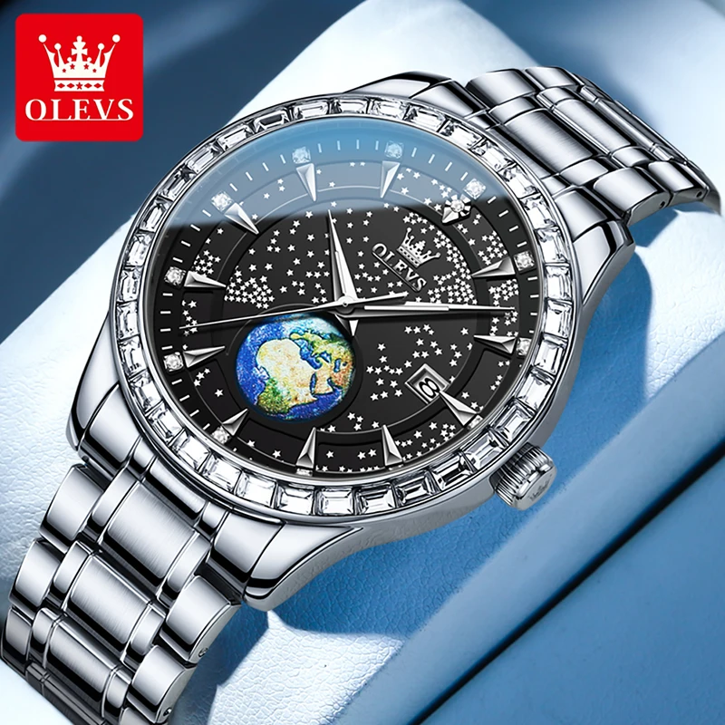 

OLEVS Fashion Starry Sky Dial Luminous Clock Luxury Diamond Case Quartz Men Watch Calendar Display 30M Waterproof Reloj Hombre